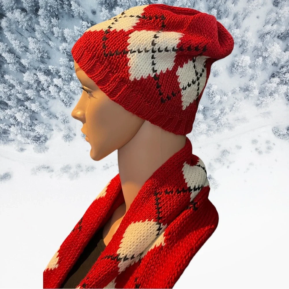 New York & Company Beanie Hat and Matching Scarf 2pc set, Red White Black | OS - Picture 2 of 13